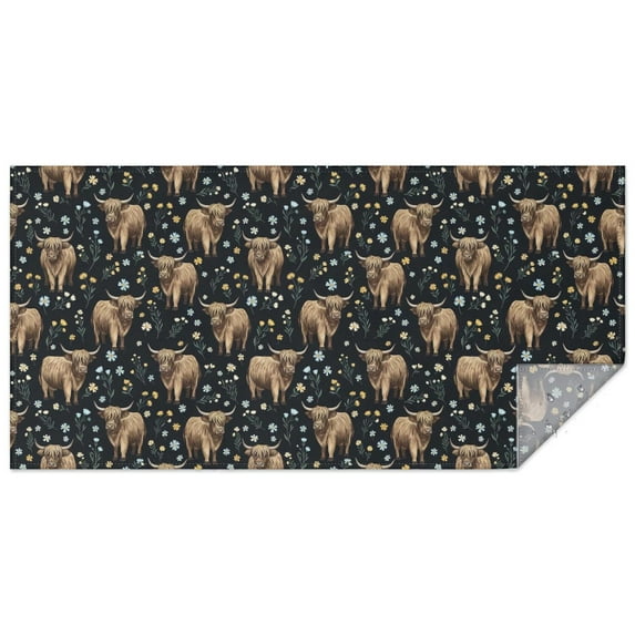 Black Highland Cow Flower Pattern Rectangle Tablecloth 60"x120",Waterproof Polyester Rectangle Table Cloth, Wipeable Spillproof Polyester Tablecloth for Dining, Camping, Indoor and Outdoor