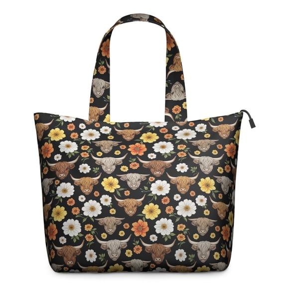 Black Highland Cow Flower Pattern Travel Tote Bags for Women Carry On,Large Weekender Bags for Women Travel,Multi Functional Duffle Bag for Work,Shopping,Sports