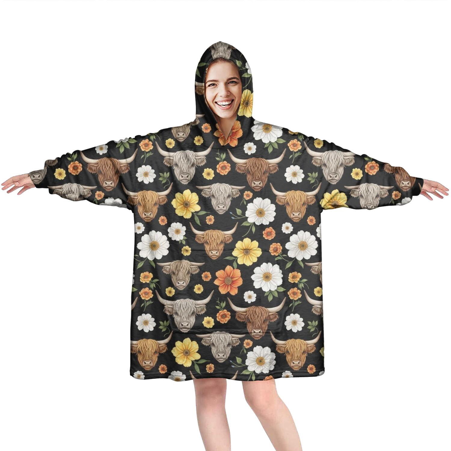 Black Highland Cow Flower Pattern Wearable Oversized Blanket,Wearable Blanket Hoodie for Adults,Cozy Hooded Blankets with Super Pockets,Super Warm Fuzzy Pullover for Women & Men