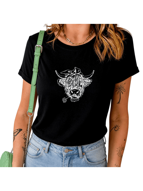 Black Highland Cow With Bow And Flower Graphic Print Tshirt Graphic Tees Shirts Farm Western Casual Tops S-5XL
