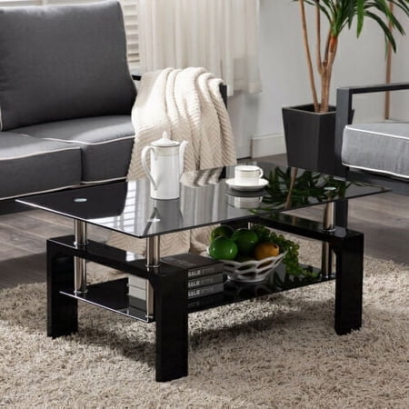 Black Highlight Glass Coffee Table End Side Table Shelf Living Room