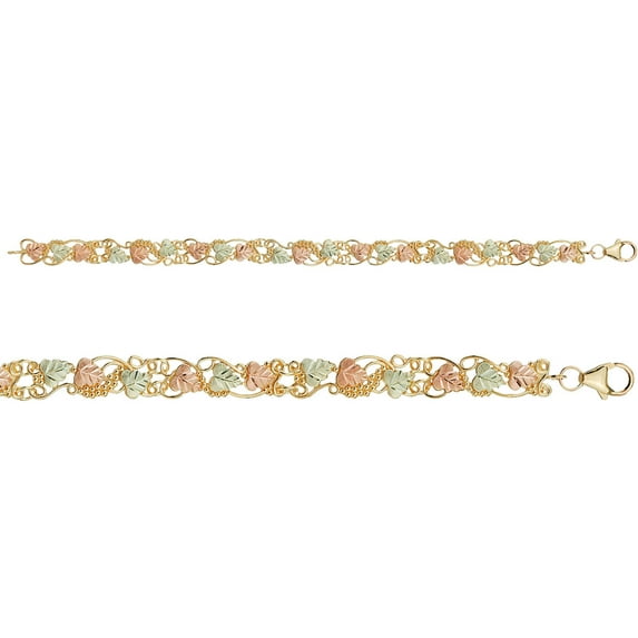 Black Hills Gold 10kt Yellow Gold 12kt Gold Leaf Accented Swirled Vine Bracelet, 7"