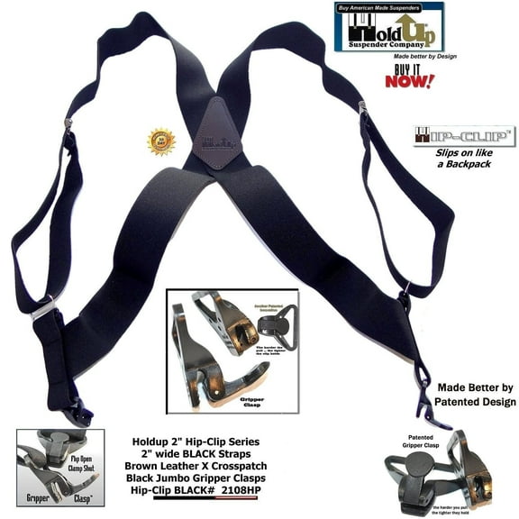 Black Hip-clip X-back Trucker style Holdup Suspenders with patented Gripper Clasps