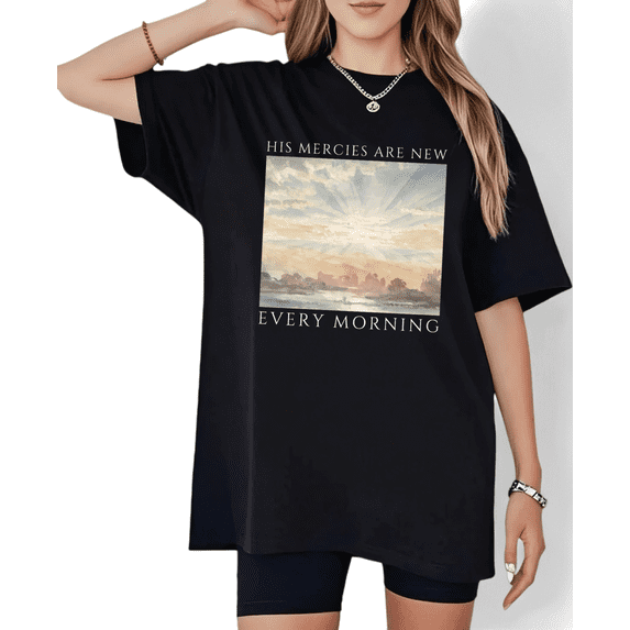 Black His Mercies Are New Every Morning Watercolor T-Shirt Christian Faith Religious Belief Inspirational Message Casual Wear Tops S-5XL