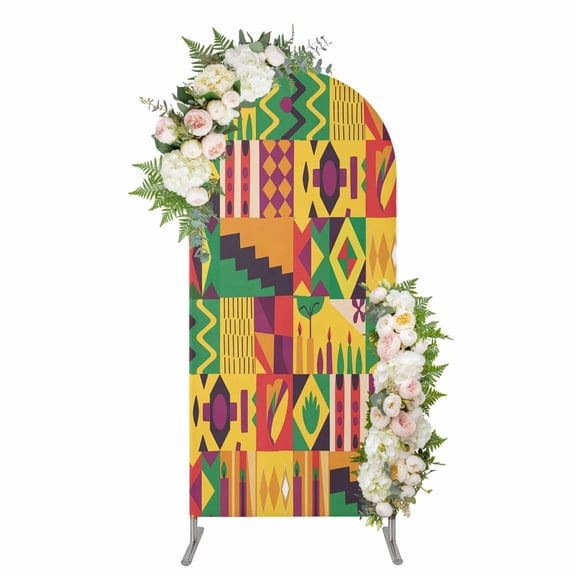 Black History Month Arch Backdrop Cover 5FT, Abstract Geometric Brown Green Spandex Fitted Stretchy Arch Stand Covers, Round Top Chiara Backdrop Cover for Wedding Party Birthday Baby Shower