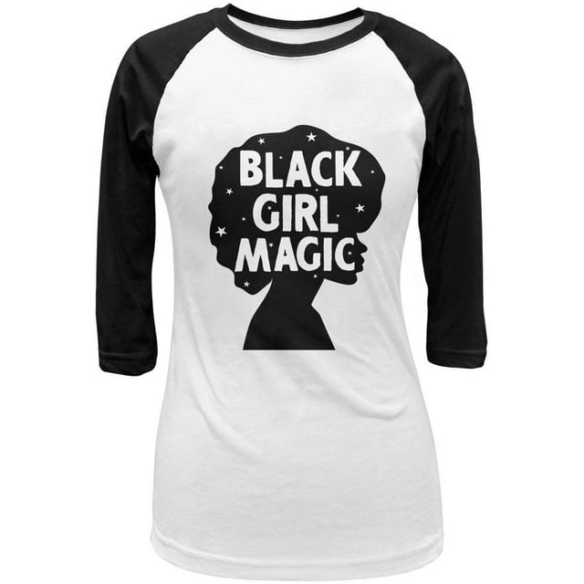 Black History Month Black Girl Magic Afro Juniors 3/4 Sleeve Raglan T Shirt White-Black SM