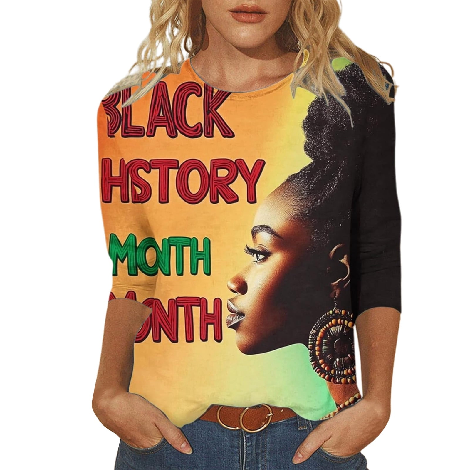 Black History Print Shirts for Women Black History Month 3/4 Sleeve