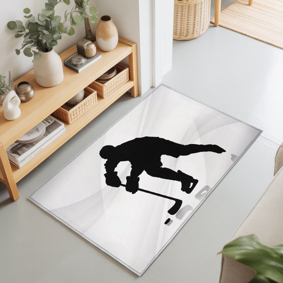 Black Hockey Player Silhouette Rectangle Area Rug 2x3ft,Living Room Rug Non-Slip Washable Circle Rugs Pad,Ice Sports Athlete Game Soft Floor Carpet for Bedroom Dining Room