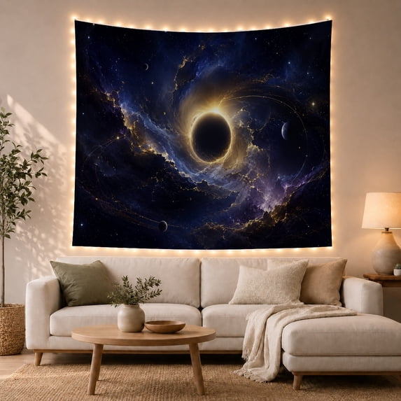 Black Hole with Golden Ring and Orbital Lines, Dramatic Celestial Style for Space Lovers, Cosmic Wall Art, Housewarming Gift, Tapestry Wall Hanging for Bedroom and Dorm