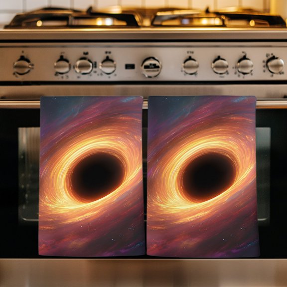Black Hole Kitchen Towels Set of 3, Orange Modern Cosmic Space Art Absorbent Dish Towels for Kitchen, Microfiber Hand Towel, Quick Drying Tea Towel for Cleaning Decorative Dishcloths