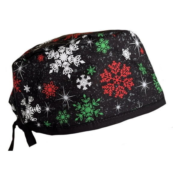 Black Holiday Snowflake Christmas Scrub Cap Hat