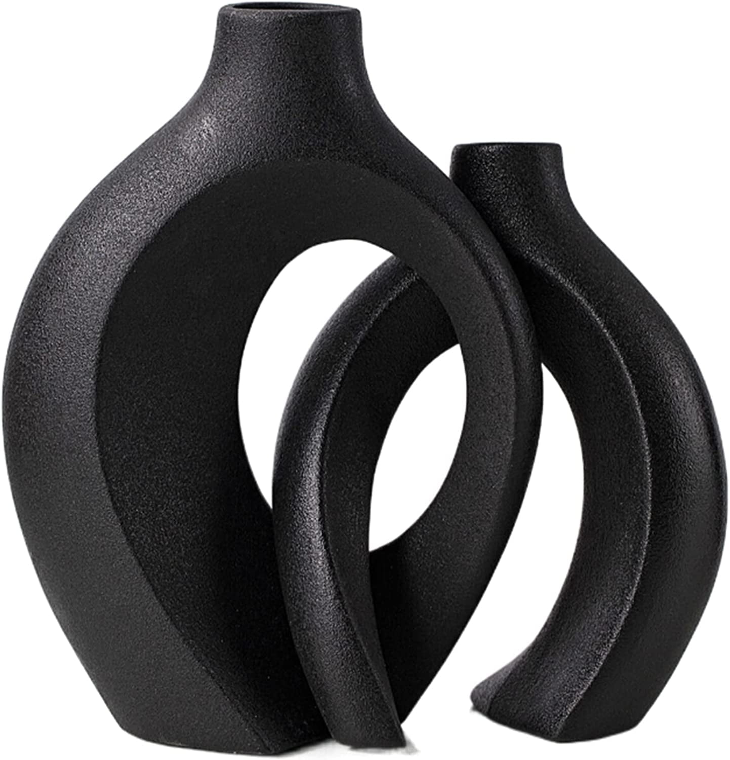 Black Ceramic Donut Shaped Decorative Vase Set of 2