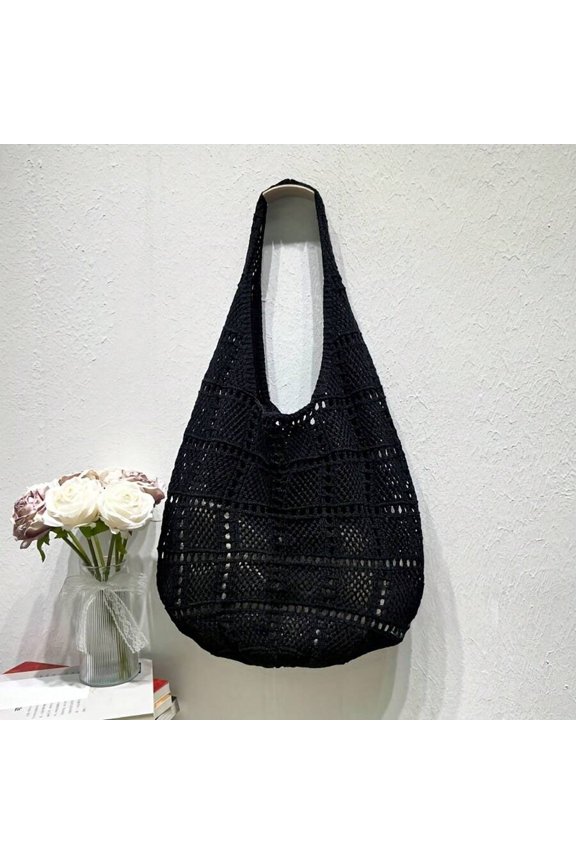 Black Hollow Knit Shoulder Bag, Lightweight Crochet Tote For Casual