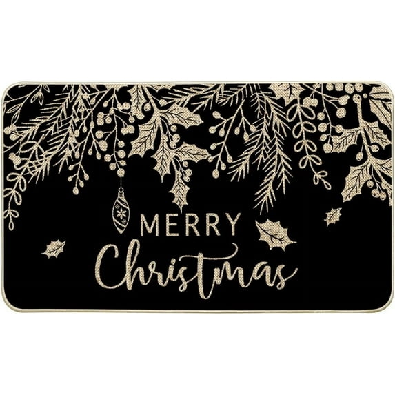 Black Holly Mistletoe Merry Christmas Doormat, Xmas Winter Home Decor Low-Profile Switch Rug Door Mat Floor Mat for Indoor Outdoor 17x29 Inch