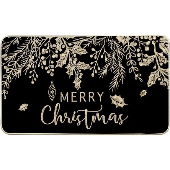 Black Holly Mistletoe Merry Christmas Doormat, Xmas Winter Home Decor Low-Profile Switch Rug Door Mat Floor Mat for Indoor Outdoor 17x29 Inch