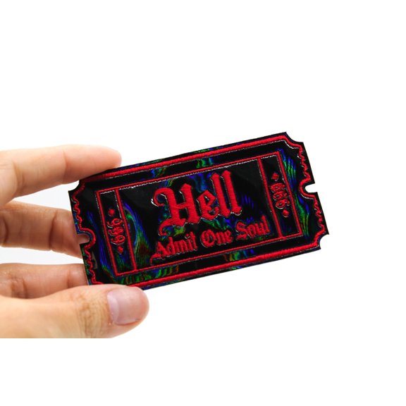 Black Holo Hell Admit One Soul 666 Gothic Iron On Embroidered Patch