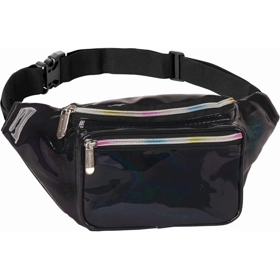 Black Holographic Fanny Pack Belt bag - Crossbody  Bag for Men or Women - Hands-Free,  Large Bumbag for Hiking, Running, and Travel