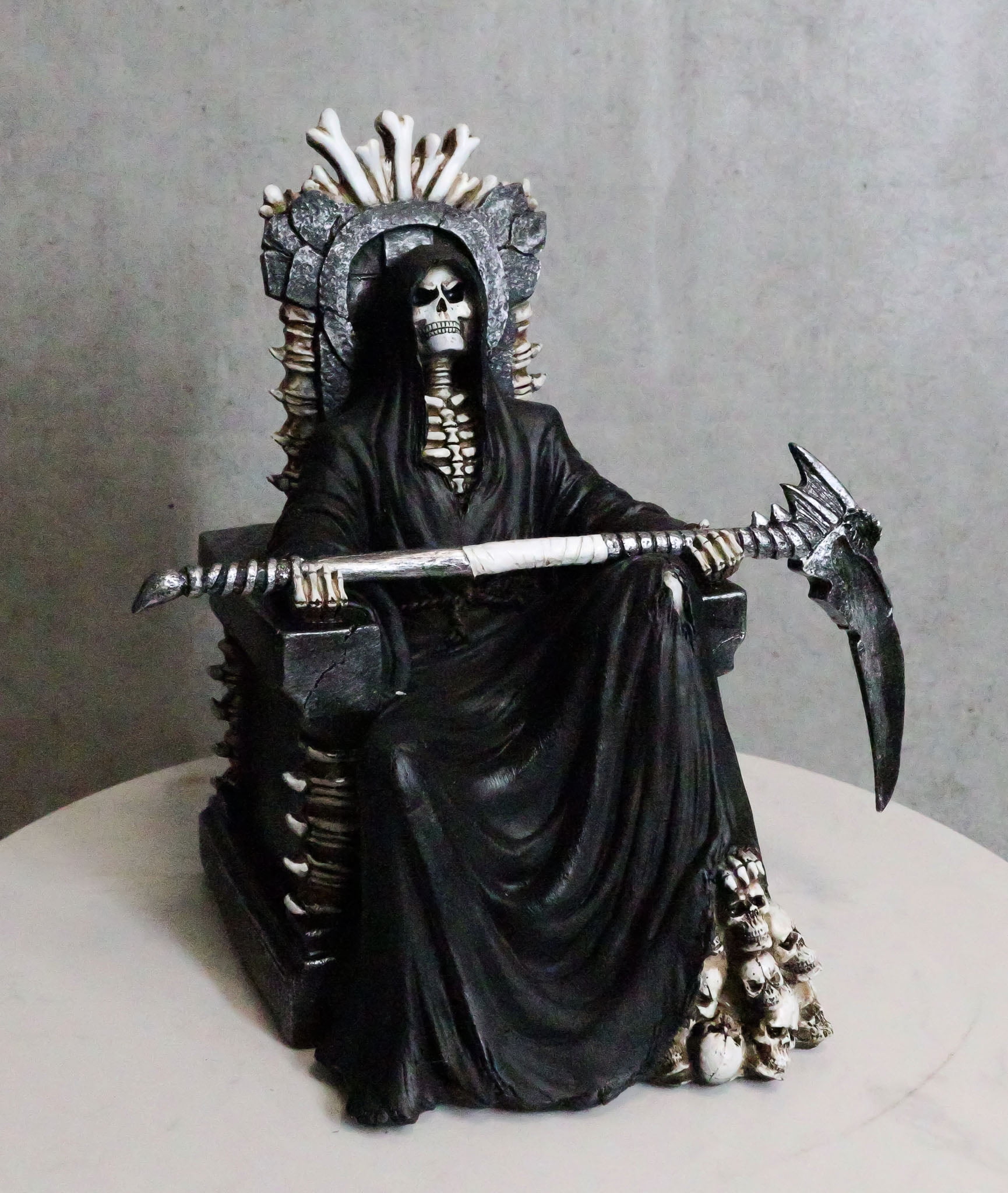 Black Holy Death Grim Reaper Sitting On Skeleton Skull Throne Figurine  10.5H