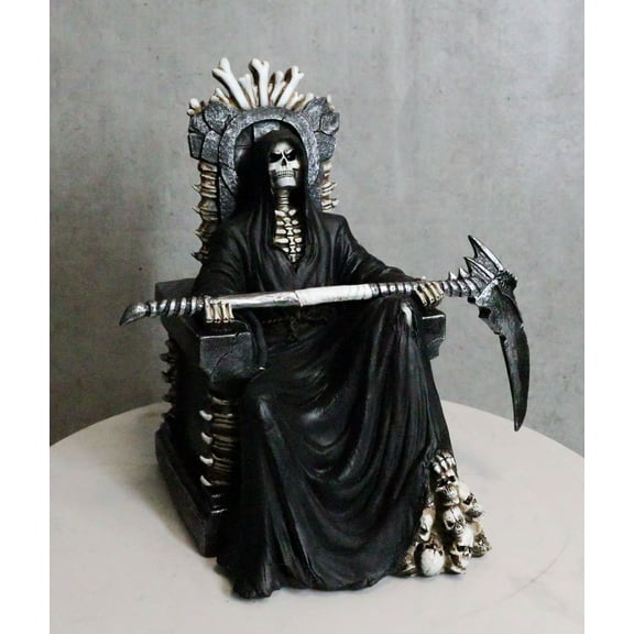 Black Holy Death Grim Reaper Sitting On Skeleton Skull Throne Figurine 10.5"H