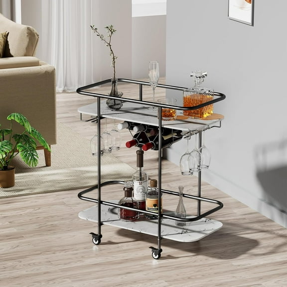 Black Home Bar Cart on Wheels, Mobile Serving Wine Cart with Glass Holder and Wine Rack, Modern Rolling Drink Trolley for Coffee Tea Wine, Beverage Bar Cart for Dinning Room Kitchen PartyBlack