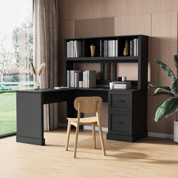 Black Home Office Desk with Hutch, Waterproof and Durable / In Study, Keeps Things Organized