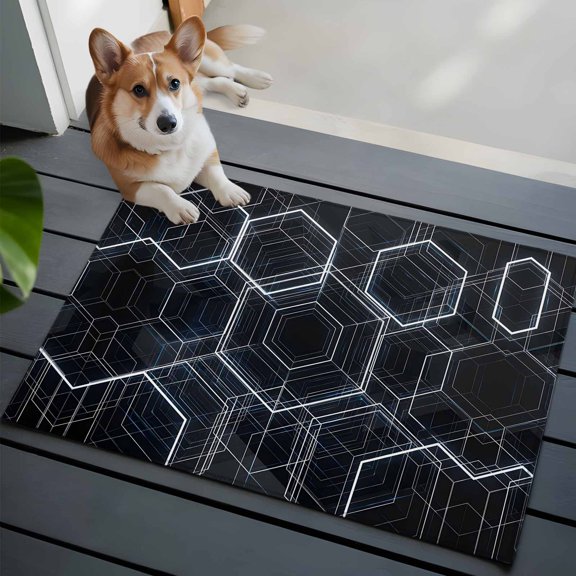 Black Honeycomb Area Rug, Modern Abstract Geometric Minimalist Black Gray Grid Non-Slip Felt Rubber Backing Rectangle Indoor Carpet Washable Rugs for Living Room Bedroom 2x3ft