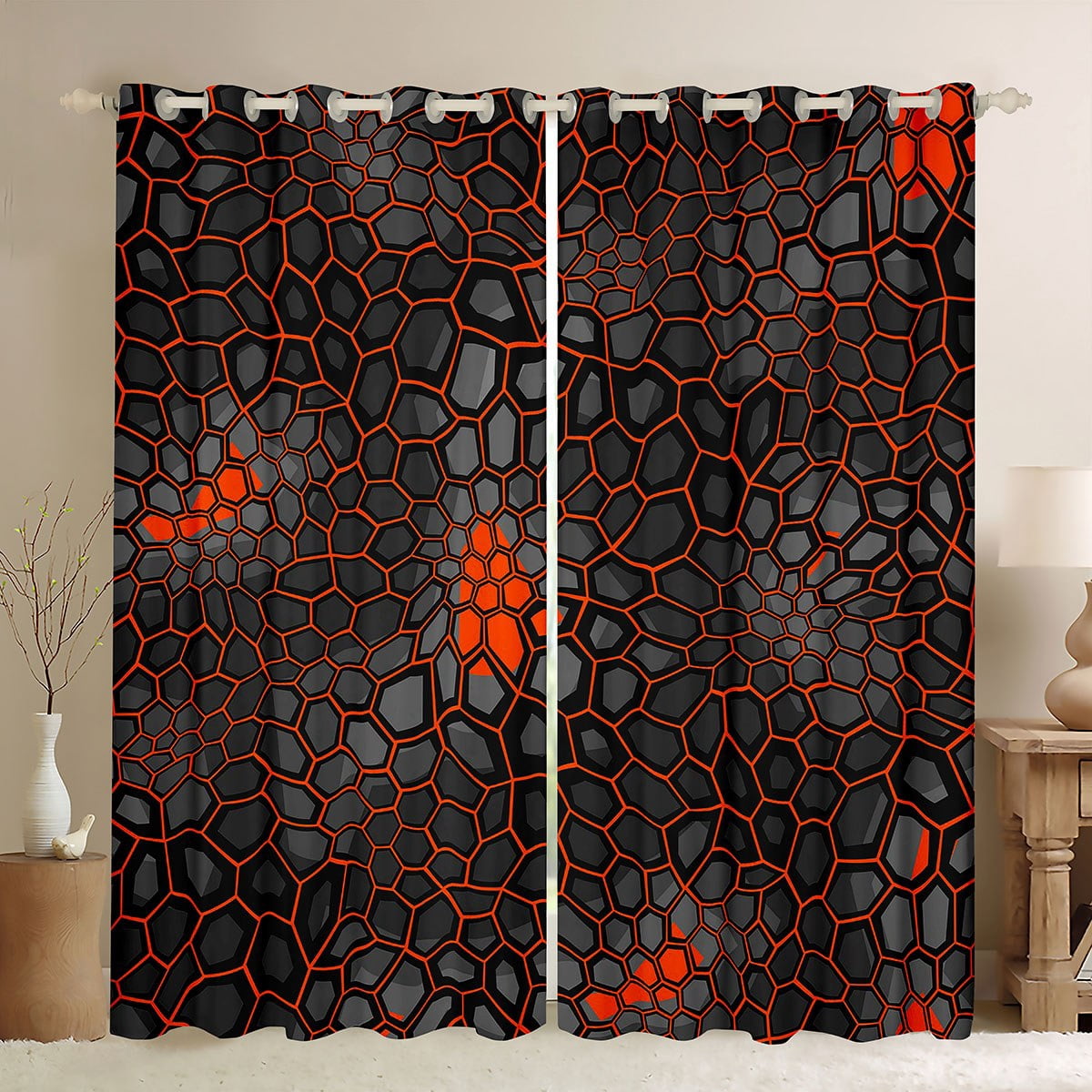 Black Honeycomb Curtains Orange Camouflage Geometric 30%-50% Blackout ...