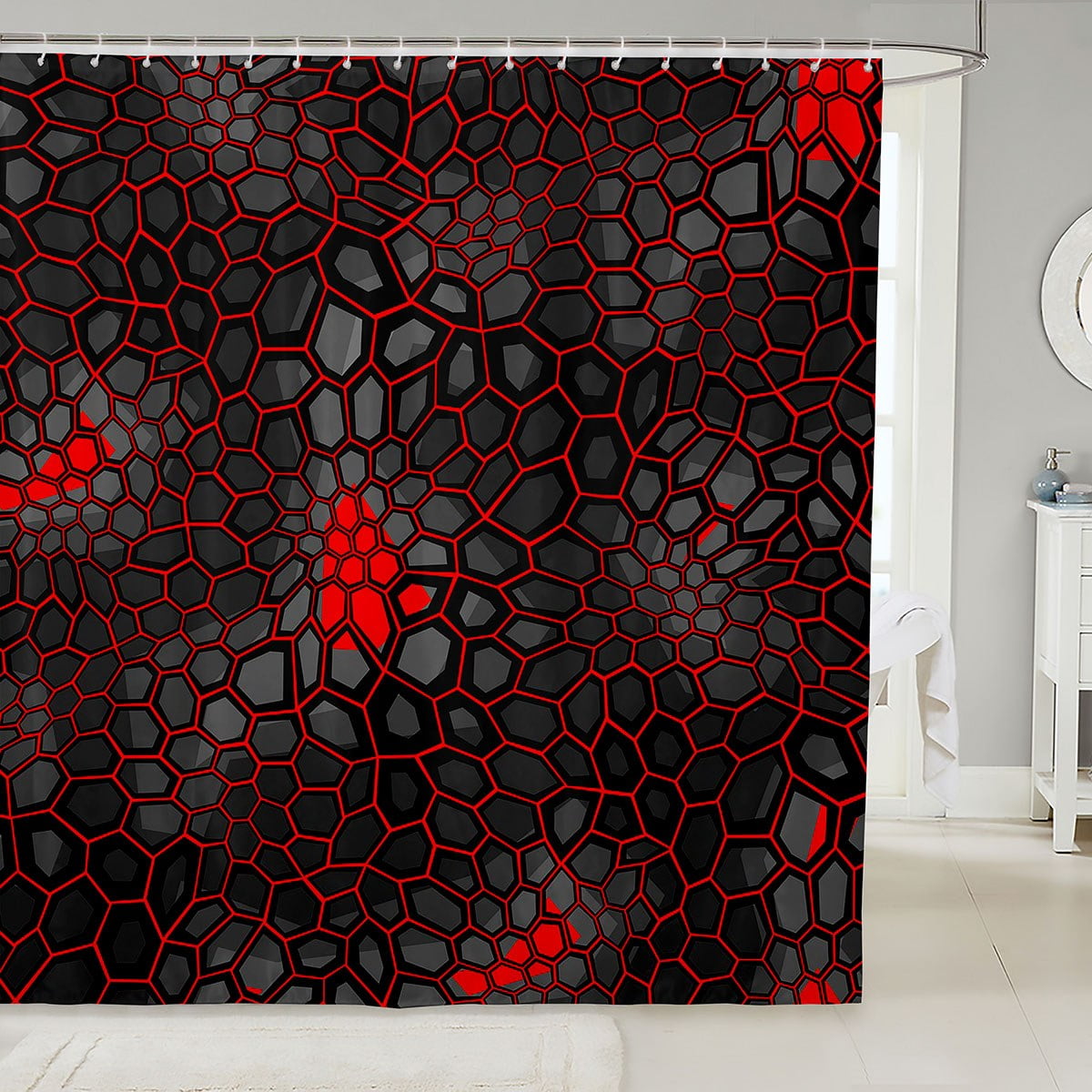 Black Fabric Shower Curtain Red Camouflage Geometric Bathroom
