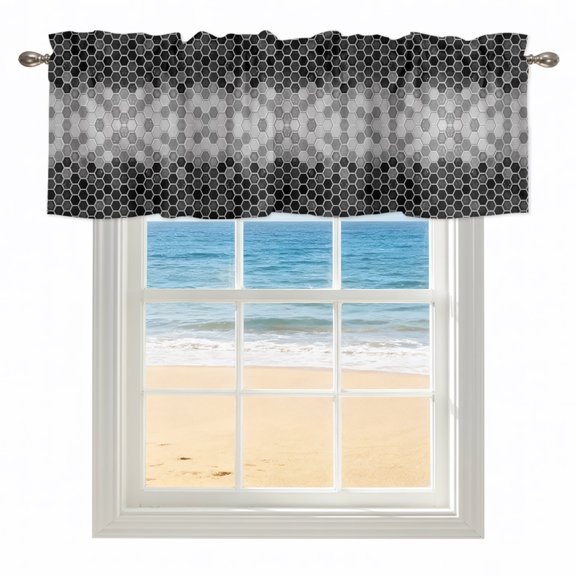 Black Honeycomb Grid Valances for Windows, Rod Pocket Kitchen Valance Curtains - Soft & Washable Small Window Treatment for Living Room, Bathroom, Gradient Hexagonal Cells 42x12inch, 1 Panel