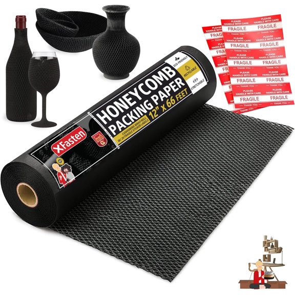 Black Honeycomb Packing Paper for Moving 12-Inch x 66-Feet Bubble Honeycomb Wrap, Honeycomb Wrapping Paper for Packing Cushion with 20 Fragile Stickers Packing Supplies by