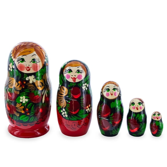 Black Hood with Red Berries Wooden Nesting Dolls