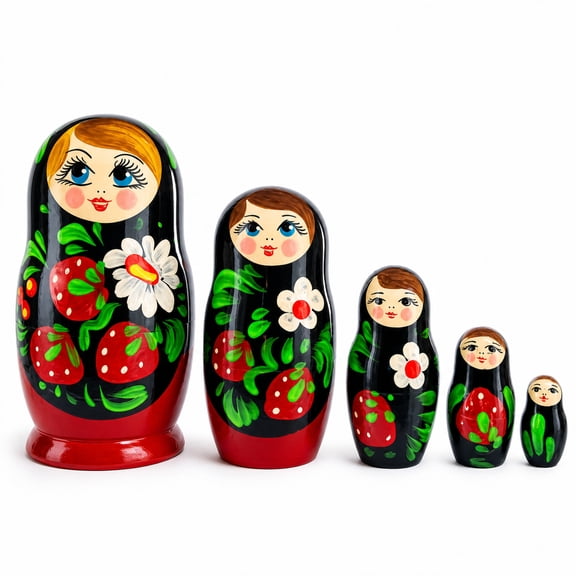 Black Hood with Strawberries Wooden Nesting Dolls