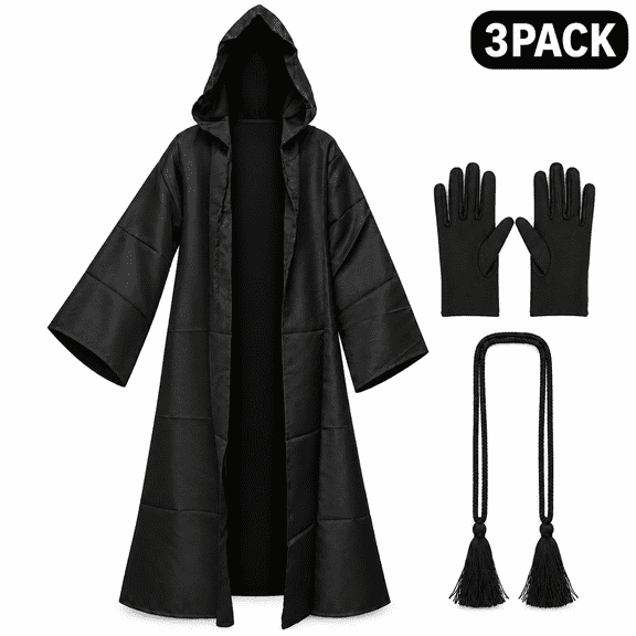 Black Hooded Cloak Costume, Halloween Robe with Gloves and Rope Belt for Adult Wizard Medieval Dress Up M