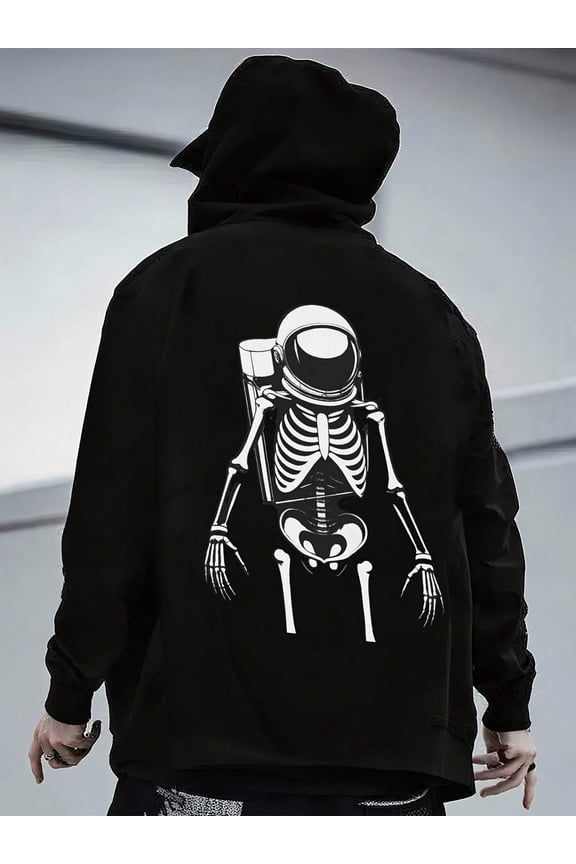 Black Hooded Jacket With Astronaut Skeleton DesignMen's Black Hoodie – Premium Heavyweight Cotton, Oversized Fit, Drawstring Hood,Cozy Fleece Lining, Streetwear Style,Minimalist Design, Durable Stitc