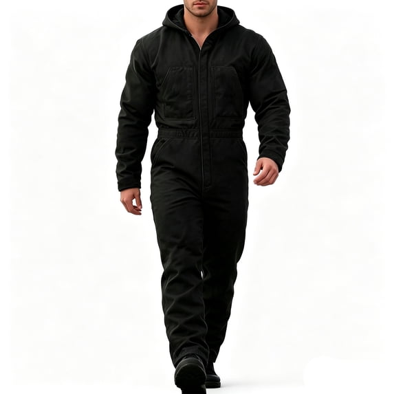 Black Hooded Work Jumpsuit, Long Sleeve Full Coverall For Cold Weather Outdoor Activities