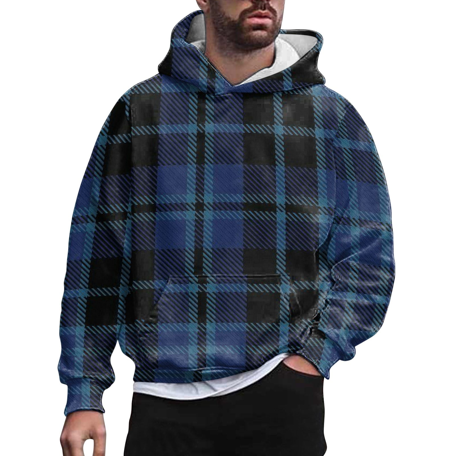 Black Hoodie Men Hoodies Tops Plaid Print Dark Blue Xl - Walmart.com