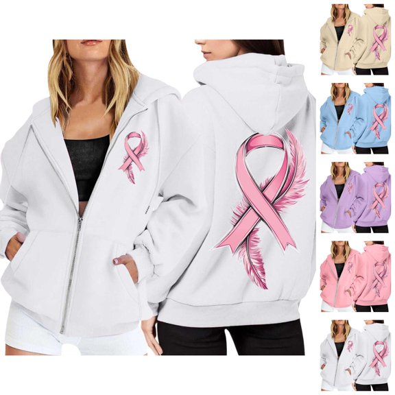 Black Hoodie Womens Sweatshirt Oversized Hoodie Women Casual Zip Up Hoodie Style Women's Zip Up Hoodie With Pockets Drawstring Long Sleeve Pullover Casual Sports Sweatshirt For Cancer Awareness Month