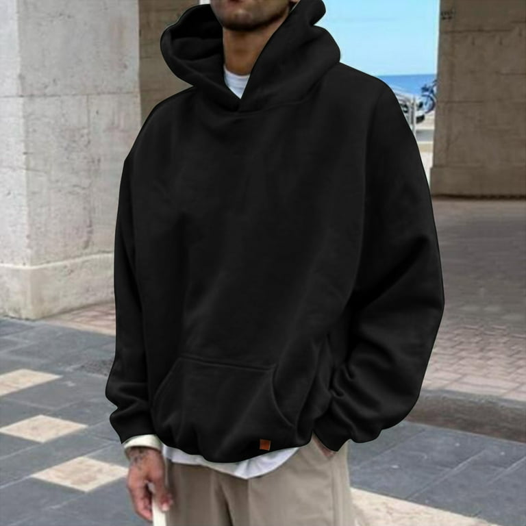 Black Hoodies Mens Autumn And Winter Casual Loose Solid Hooded Sweater Top