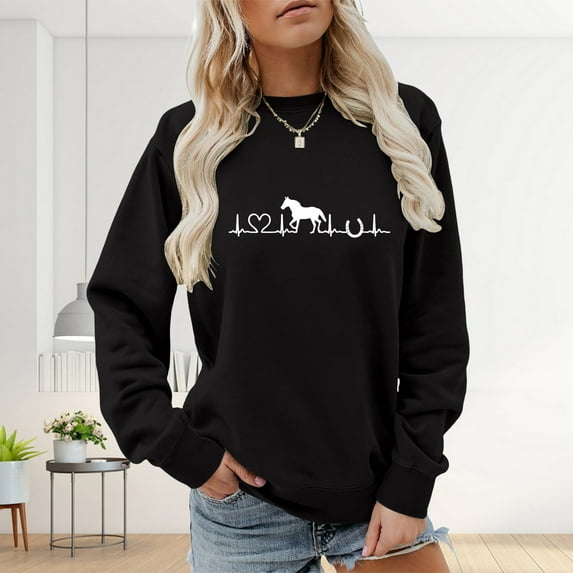 Black Hoodies for Women Horse Sweatshirt for Women Cute Heartbeat Graphic Shirts Long Sleeve Crew Neck Pullover Tops Horse Lover Womens Fashion Clothing