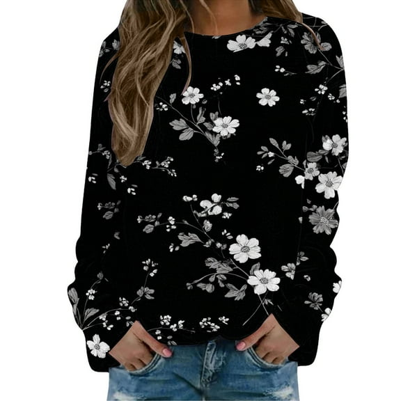 Black Hoodies for Women Printed Casual Sweatshirt with Round Neck Sleeves Long Sleeves Regular Sleeves Sweatshirt Fall Tops for Women 2025
