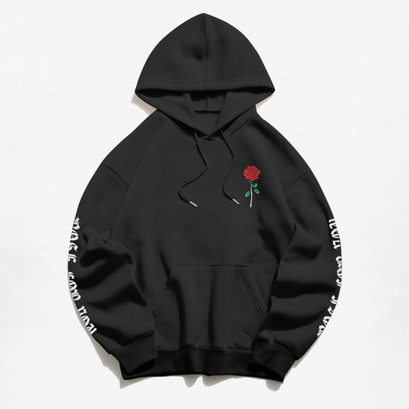 Black Hoodies for Women's Rose for You Letter Rose Printed Long Sleeved Hoodie with Pockets Fall Tops for Women 2025