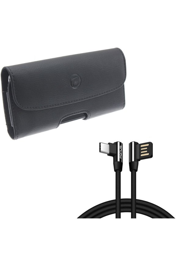 Black Horizontal Leather Case Side Cover Pouch w 90 Degree Right Angle L-Shaped 6ft Long USB Type-C Cable Wire Sync X1N for Blackberry Motion - BLU G9, Vivo XI Plus - Google Pixel 3a XL 3 XL