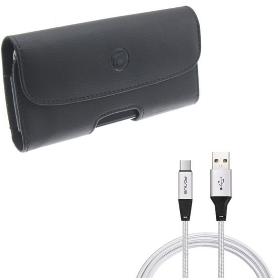 Black Horizontal Leather Case Side Cover Pouch w Braided 6ft Long Type-C USB Cable Wire Sync K4L for Motorola Moto Z3 Play Z2 Play Z Play Droid Force Droid G7 Power - OnePlus 5T, 6, 6T