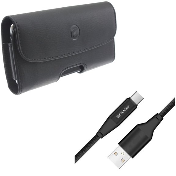 Black Horizontal Leather Case Side Cover w 10ft Long Cotton Braided USB Type-C Cable Sync Wire L1W for Alcatel 7 - Coolpad Legacy - Nokia 3.1 Plus - OnePlus 7 Pro - Samsung Galaxy S10 5G