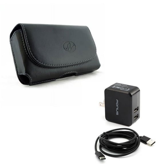 Black Horizontal Leather Case w 17W 3.4Amp 2-Port USB Home Charger 6ft Type-C Cable TPE L2Z for Essential Phone (PH-1) - Google Pixel - Samsung Galaxy S10e