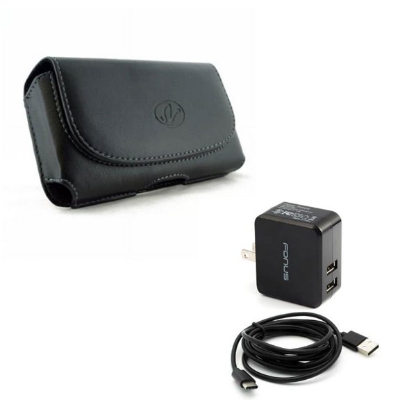 Black Horizontal Leather Case w 17W 3.4Amp 2-Port USB Home Charger 6ft Type-C Cable TPE L2Z for Essential Phone (PH-1) - Google Pixel - Samsung Galaxy S10e