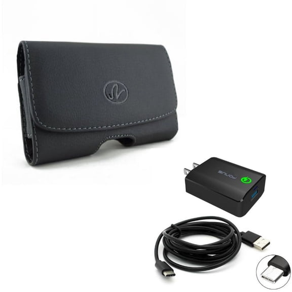 Black Horizontal Leather Case w 18W Adaptive Fast Home USB Charger 6ft Type-C Cable R2L for OnePlus 6T - Razer Phone 2 - Samsung Galaxy S9+, S8+, S10+ - Sony Xperia XZ3 - Xiaomi Mi 9
