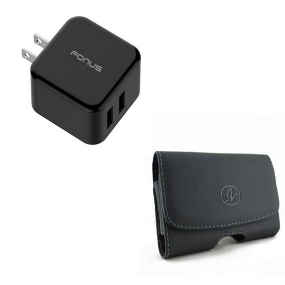 Black Horizontal Leather Case w 30W Adaptive Fast 2-Port Home Wall Travel AC USB Charger N1M Compatible With Google Pixel 3a XL