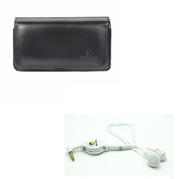 Black Horizontal Leather Case w Retractable Headset Handsfree Mic E7W for Alcatel Onyx, Allura, Flint, PulseMix, REVVL, Fierce XL, Jitterbug Smart2 Smart, Avalon V, A30 Plus, 2, Pop 3, Idol 5S