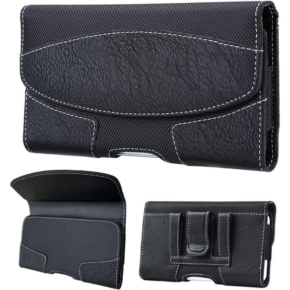 Black Horizontal Leather case with belt loops, Compatible with Consumer Cellular Speak Easy Smart and Iris Connect 2 with a thin cover on it.